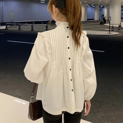 Korean White Blouse Women Long Sleeve Back Button Blouse Plus Size Pleated Shirts Spring Autumn Tops blusas mujer