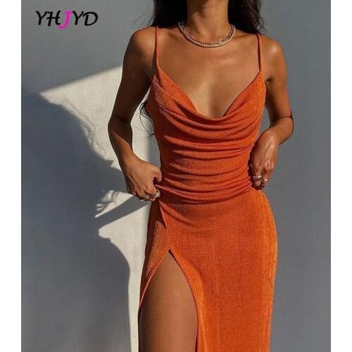 Sexy Spaghetti Strap Dresses For Women 2021Summer Solid Backless Slit Midi Slip Dress Female Streetwears Party Club Bodycon