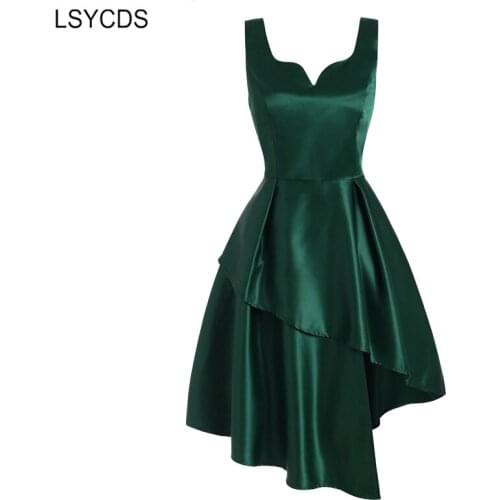 LSYCDS Sweetheart Neck Green Satin Asymmetrical Hem Solid Dresses Sleeveless Elegant Party Robe Plus Size Slim Women Dress