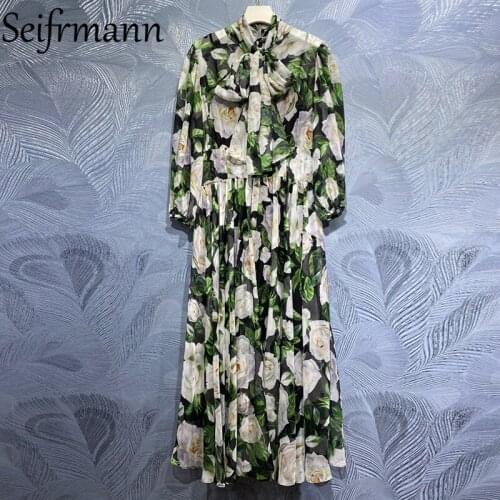 Seifrmann New 2021 Summer Women Fashion Designer Party Long Dress Bow Lantern Sleeve High Waist Floral Printed A-Line Dresses