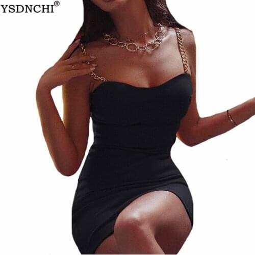 YSDNCHI Backless Sexy Dress Women Metal Spaghetti Strap Mini Party Club Strap Vestidos Street Clother Bodycon Short Night Ladies