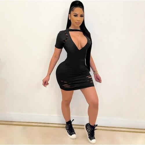 Cut Out Hollow Hole Streetwear T Shirt Dresses for Women Deep V Neck Short Sleeve Bandage Dress Summer Ladies Solid Slim Dress