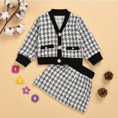 Baby Girls Winter Clothes Suit Plaid Long-sleeve Sweater T-shirt+Tutu Skirt Two-piece Knitted Suit Autumn Girls Sweater Set
