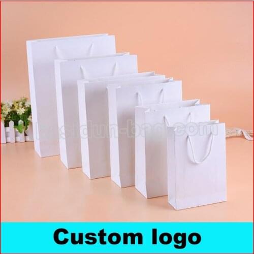 500PCS/lot) 10 SIZE available custom 250gsm paperboard white paper bag with your brand logo printed