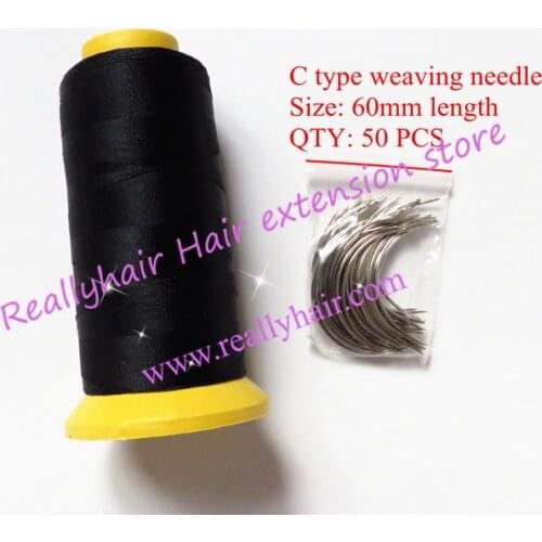 Free shipping 50pcs type C length 60mm hair weaving needles curved needles with 1 roll Black thread Nylon weaving thread