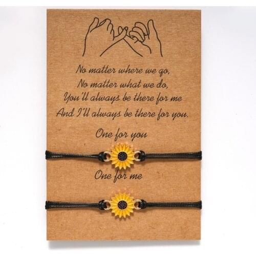 2Pcs/Set Handmade Sunflower Black Leather String Bracelet Adjustable Bracelet Love and Friendship Bracelet Him and Her Gifts