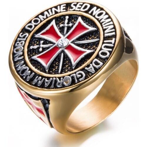 Crusader Titanium Steel Ring Red Set with Diamonds Cross Stainless Steel Assertive Temple Chivalric Order Mens Ring