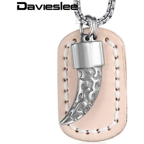 Davieslee Virgin Mary Tooth Pendant Necklace for Men Women Dog Tag Silver Color Stainless Steel Chain Manmade Leather LKNM155