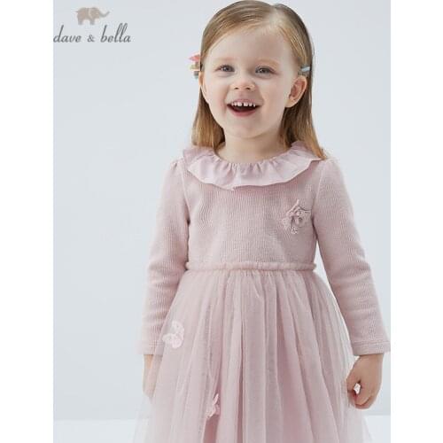 DBJ14425 dave bella spring baby girls cute bow cartoon mesh dress children fashion party dress kids infant lolita clothes