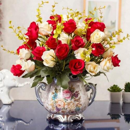 European Resin Vase+Simulation Dried Flower Set Figurines Crafts Home Livingroom Office Desktop Fake Flower Pot Ornaments Decor