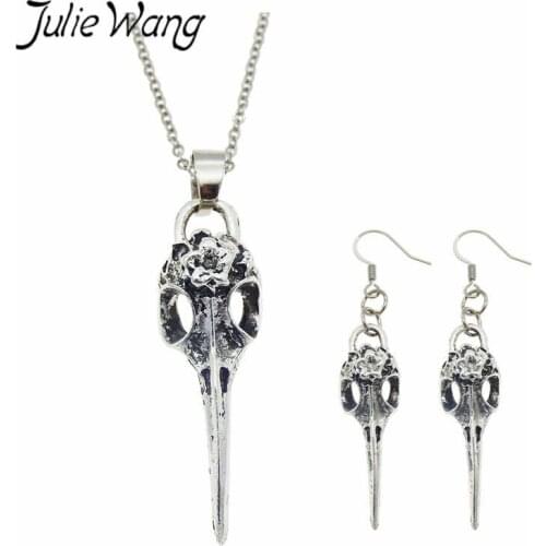 Julie Wang Alloy Raven Bird Beak Skull Necklace Pendants Earrings Jewelry Sets Antique Silver Color Fashion Women Party Gifts