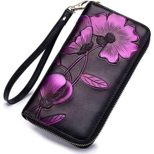 Fashion women leather wallet flower phone bag vintage floral purse gifts for girls zipper long rfid wallet female card holder