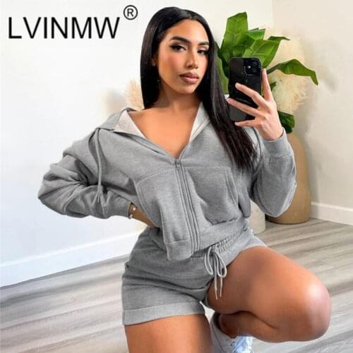 LVINMW Shorts Suits Solid Casual Slim Fashion Two Piece Set Women Hooded Zip Up Long Sleeve Cardigan Drawstring Biker Shorts
