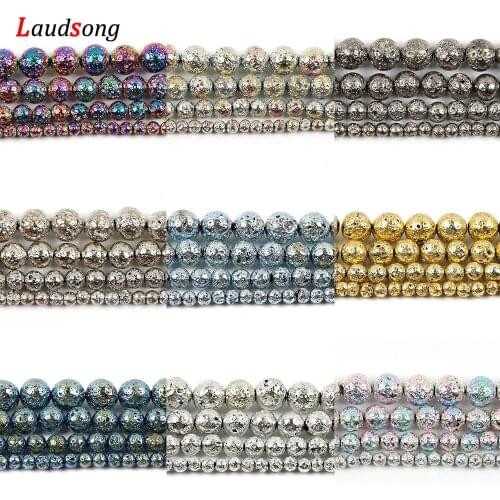 4-10mm Natural Volcanic Rock Stone Beads Lava Hematite Plated Round Beads For Jewelry Making Handmade DIY Bracelet 15’’ Per