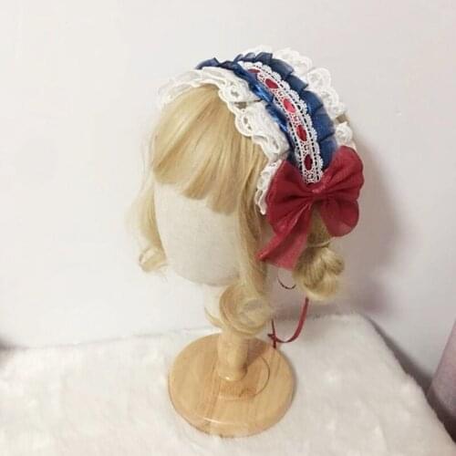 Japanese Lolita Sweet Headband Contrast Color Ruffled Lace Ribbon Bow Hairband with Hairpins Anime Maid Headdress Cosplay Hair