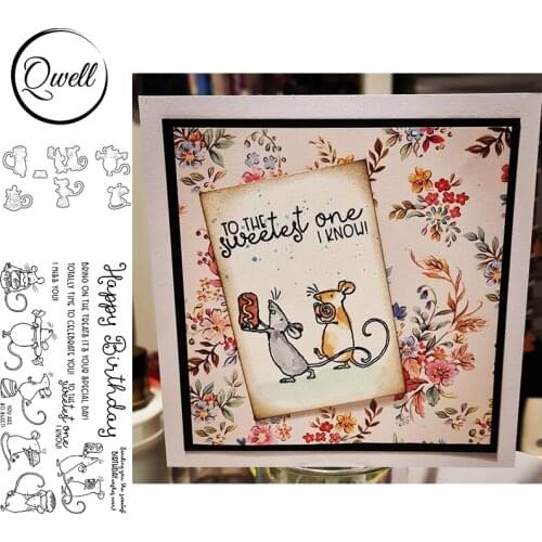 QWELL Cutting Dies With Clear Stamps Various Mice Happy Birthday Sentiments Words Letters DIY Craft Paper Making Template