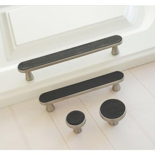3.78" 5" Zinc Alloy+Leather Cabinet Handles Black Round Drawer Knobs Door Handle Wardrobe Pulls Modern Simple Furniture Hardware