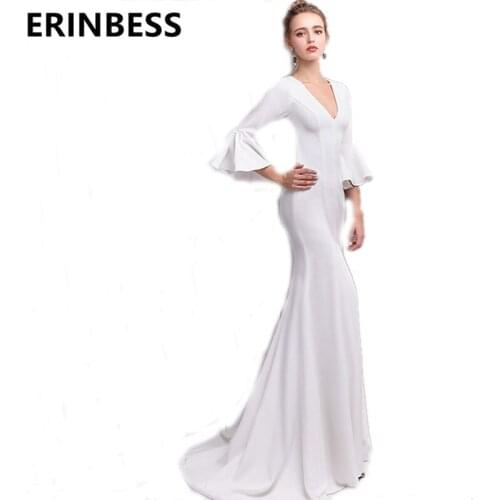 Vestido De Festa Evening Dress Kaftan 3/4 Sleeve Evening Dresses 2019 Robe De Soiree Mermaid Sexy Deep V-Neck White Prom Dress