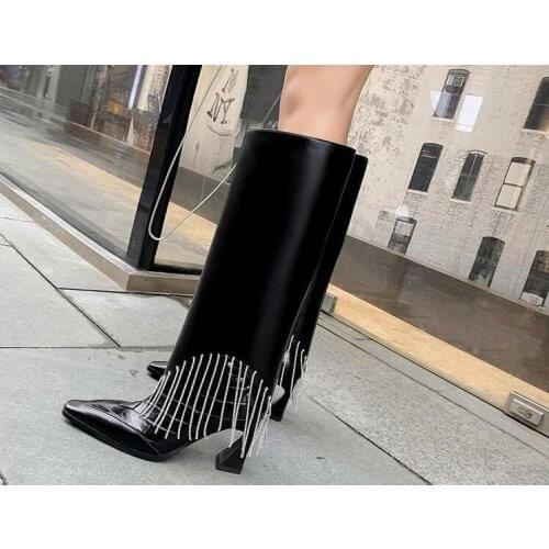 Winter Woman Black Leather Crystal Diamond Fringed Knee High Boots Ladies Square Toe 8 cm Heels Slip On Loose Tube Long Botas