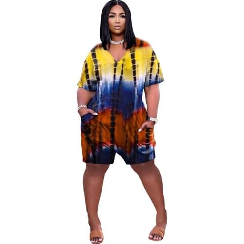 Tie Dye Gradient V-neck Wide Leg Short Sleeve Womens Romper Streetwear Knee Length Plus Size Playsuit Outfits with Pocket