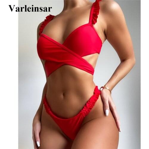 Ruffled Frilled Bikini Women Swimwear Female Swimsuit Two-pieces Bikini set Bandage High Leg Cut Bather Bathing Suit Swim V2984
