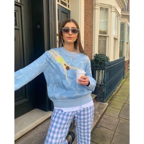 Autumn Winter Women Knit Sweater Giraffe/Plaid/Striped Printed Long Sleeve Round Neck Pullover Streetwear