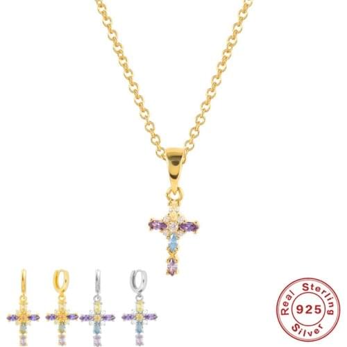 CANNER 925 Silver French Cross Pendant Necklace Micro Inlaid Colored Zircon Clavicle Chain Necklace For Girl Women Charm collar