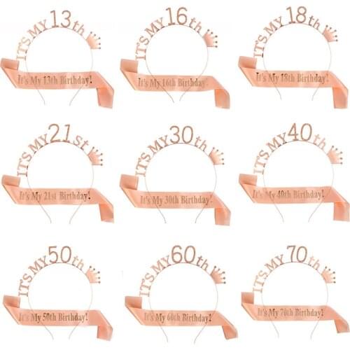 1 Set It Is My 13 16 18 21 30 40 50 60 70 80 Birthday Party Satin Sash Crown Tiara Headband Happy Birthday Party Supplies