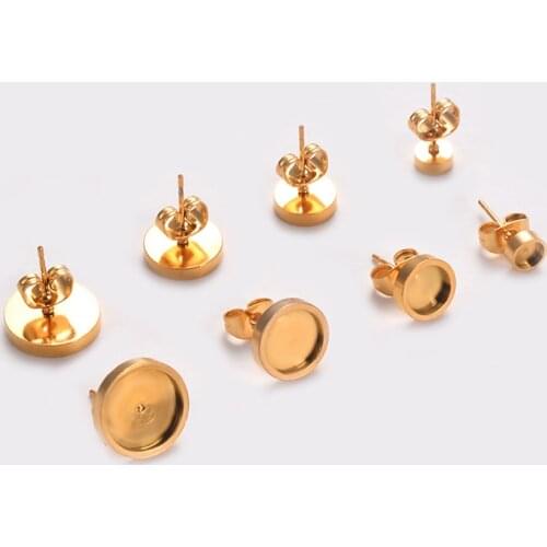 10pcs Stainless Steel Gold tone fit 4/6/8/10mm Cabochon earring blanks diy base setting trays for Diy jewelry making，Never Fade