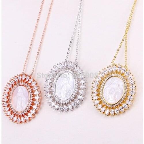 5 Strands ZYZ185-8828 Oval shape CZ Micro Pave Zirconia Natural White MOP Shell Carved Jesus Pendant Fashion Necklace