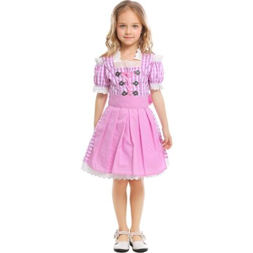 Girls Bavaria Oktoberfest Maid Waitress Beer Costume Halloween Pink Midi Apron Dress Plaid Outfit Fancy Dress For Child