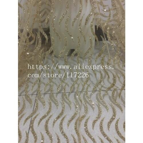 Fashion JRB-01622 french net fabric with gold glued glitter shinny sequins lace fabric for wedding dress
