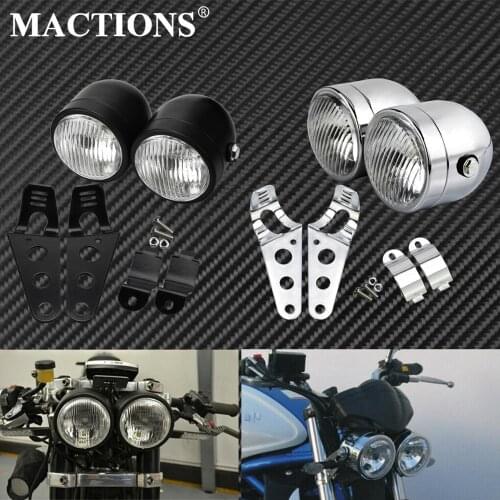 Motorcycle Twin Front Headlight lamp W/ Bracket Black/Chrome For Harley Softail Fat Boy Dual Sport Dirt Bikes Naked Cafe Racer
