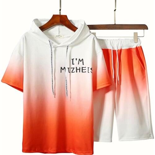 2020 Summer Mens Set Korean Style Gradient Color Short Sleeve Hooded undershirt T Shirt+jogging Shorts Casual Men 2 piece set