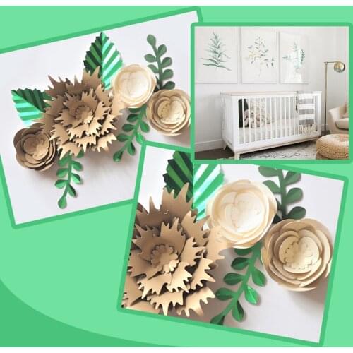 Handmade Gold Rose DIY Paper Flowers Green Leaves Set For Wedding & Event Backdrop Decorations Nursery Wall Deco Video Tutorials
