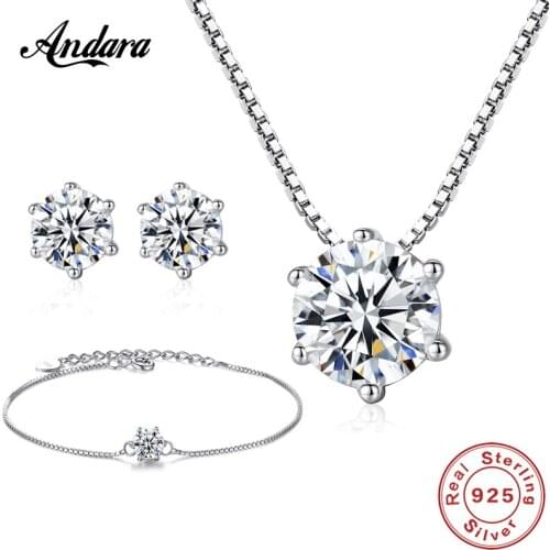 Fashion Jewelry Sets 925 Sterling Silver Simple Geometric AAA Zircon Necklace Earrings Bracelet Set Top Quality