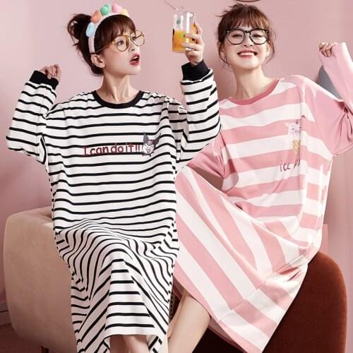 2021 Spring Autumn Long Sleeve Cotton Nightgown for Women Korean Casual Striped Sleepwear Loose Night Gown Nightdress Home Dress