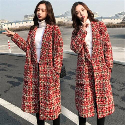 Red Check Woolen Coat Womens Mid-Length 2021 Autumn Winter Fashion New Products Thickened Long-Sleeved Coat Trend H193