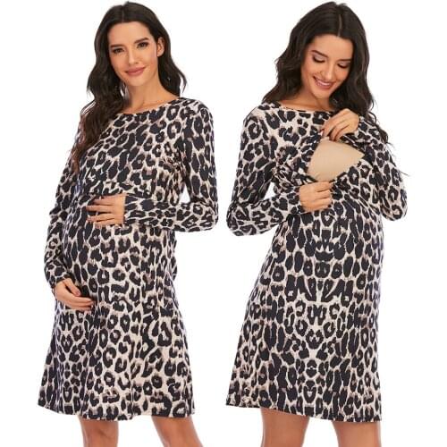 Maternity Dress Fashion Leopard Print Women Pregnant Long Sleeve Breastfeeding Nursing Loose Outer Wear Dress Pregnant Clothes
