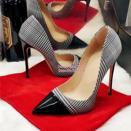 Sexy Black White Plaid High Heel Shoes Patent Leather Pointed Toe Stiletto Heel Patchwork Shoes Slip-on Shallow Dress Shoes