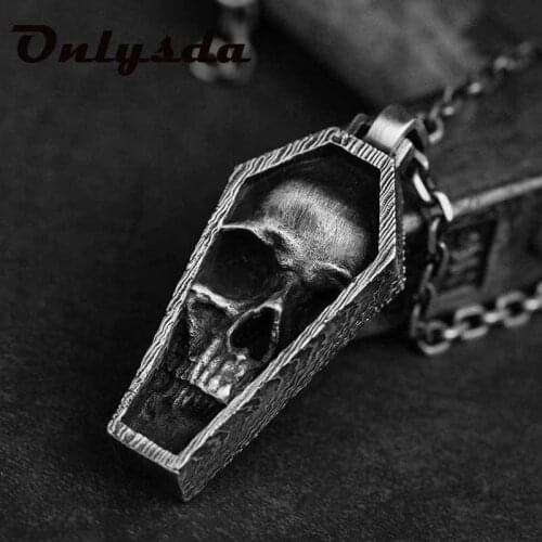 Dropshipping Punk Rock Stainless Steel Gothic skull coffin Pendant Necklace With Chain For Man Party/Halloween Man Gift