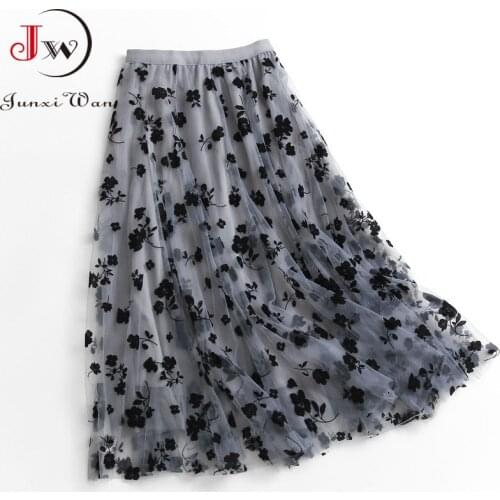 Girls Romantic Flower Mesh Pleated Skirt Fashion 2021 Spring Summer Women Elastic Waist Solid Elegant Chic Casual Long Skirts