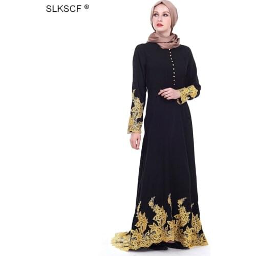 [SLKSCF] Black Long Sleeve Dress Kaftan Palace Style Arabian Muslim Abaya Islamic Clothing Gold Stamping Middle East Abayas