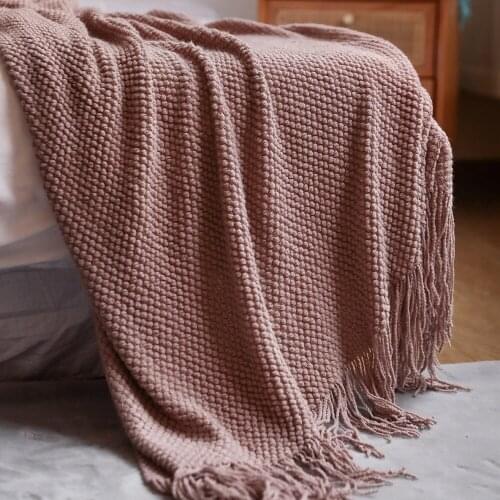 Modern Office Lounge Blanket Solid Color Knitted Blanket Air-Condition Throw Blankets with Tassels Camping Picnic Travel Blanket