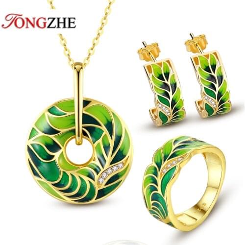 TONGZHE Flower Ring Vintage Necklace 925 Sterling Silver Huggie Drop Earrings for Women Bohemian Round Party Enamel Jewelry Set