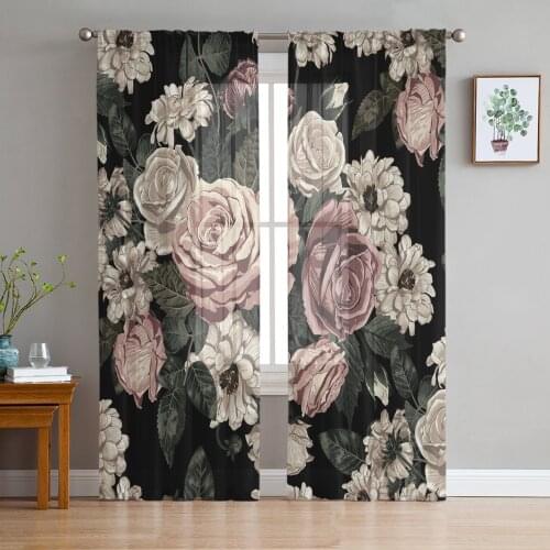 Plant Flowers Green Leaves Tulle Sheer Window Curtains for Living Room Kitchen Children Bedroom Voile Hanging Curtain