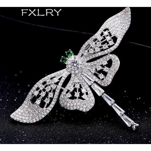 FXLRY New Arrive Romantic Fashion Women White ZC AAA Cubic Zircon Dragonfly Brooches Sweater Lavish Parties Coat Accessories