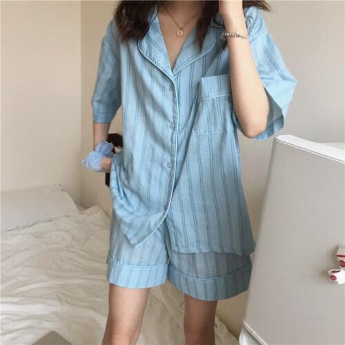 QWEEK Korean Homewear Women Summer 2021 Pajamas Striped Pyjamas Ensembles Short Sleeve Pijamas 2 Piece Set Sleepwear Nightie PJ