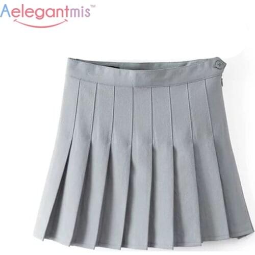 Aelegantmis Grey Black A-line High Waist Mini Pleated Skirt Women Summer Hot Short Skirts