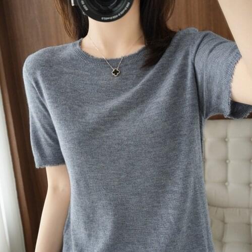 Ladies wool T-shirt 2021 new casual solid color knitted sweater short-sleeved ladies jacket wool + tencel fabric plus size tees